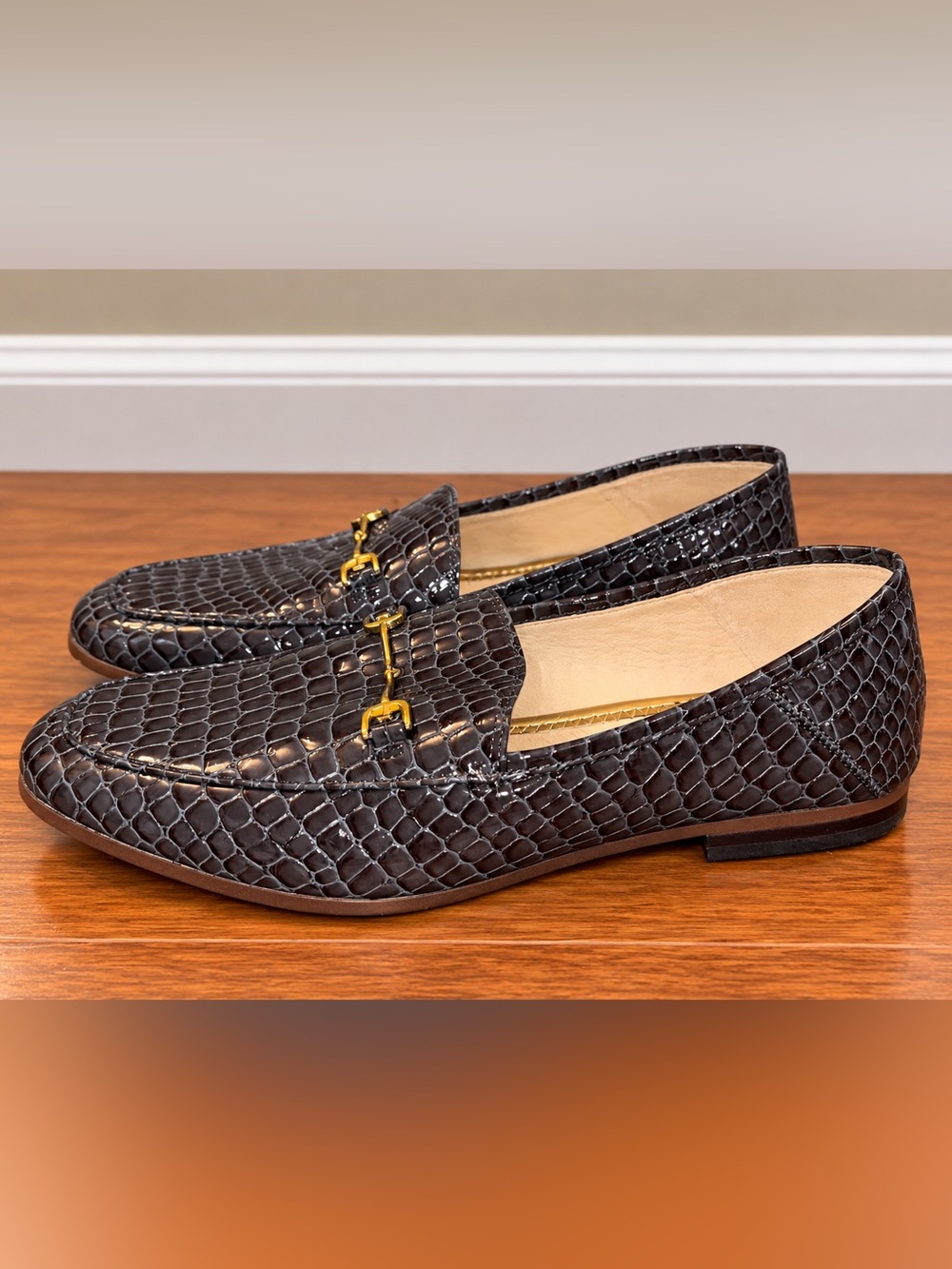 Sam Edelman Croc-Embossed Grey Leather Bit Loafers